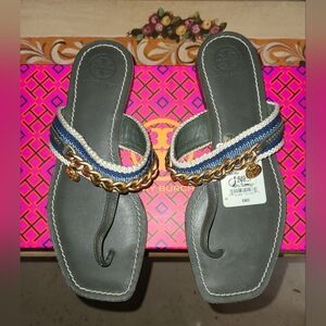 Tory Burch Mini Benton Gold Chain Band Flat Sandals Poblano Yonder Womens 7M